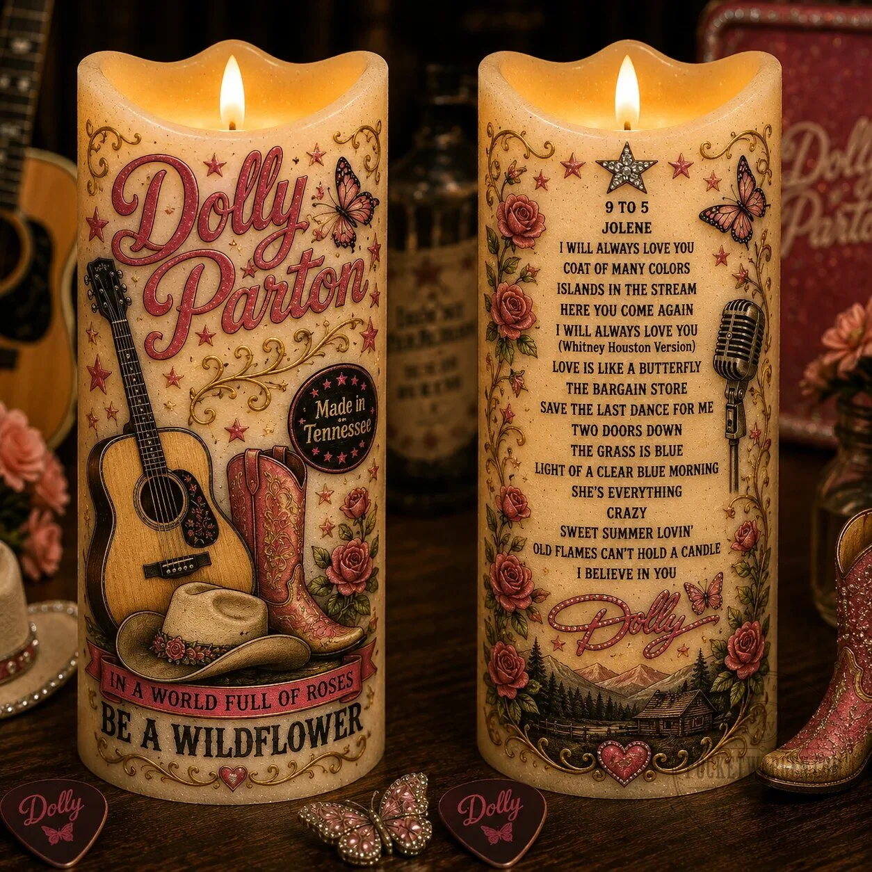 Country Music Dolly Parton Flameless LED Candle, Tennessee Wildflower Decor 5 Country Music Dolly Parton Flameless LED Candle, Tennessee Wildflower Decor