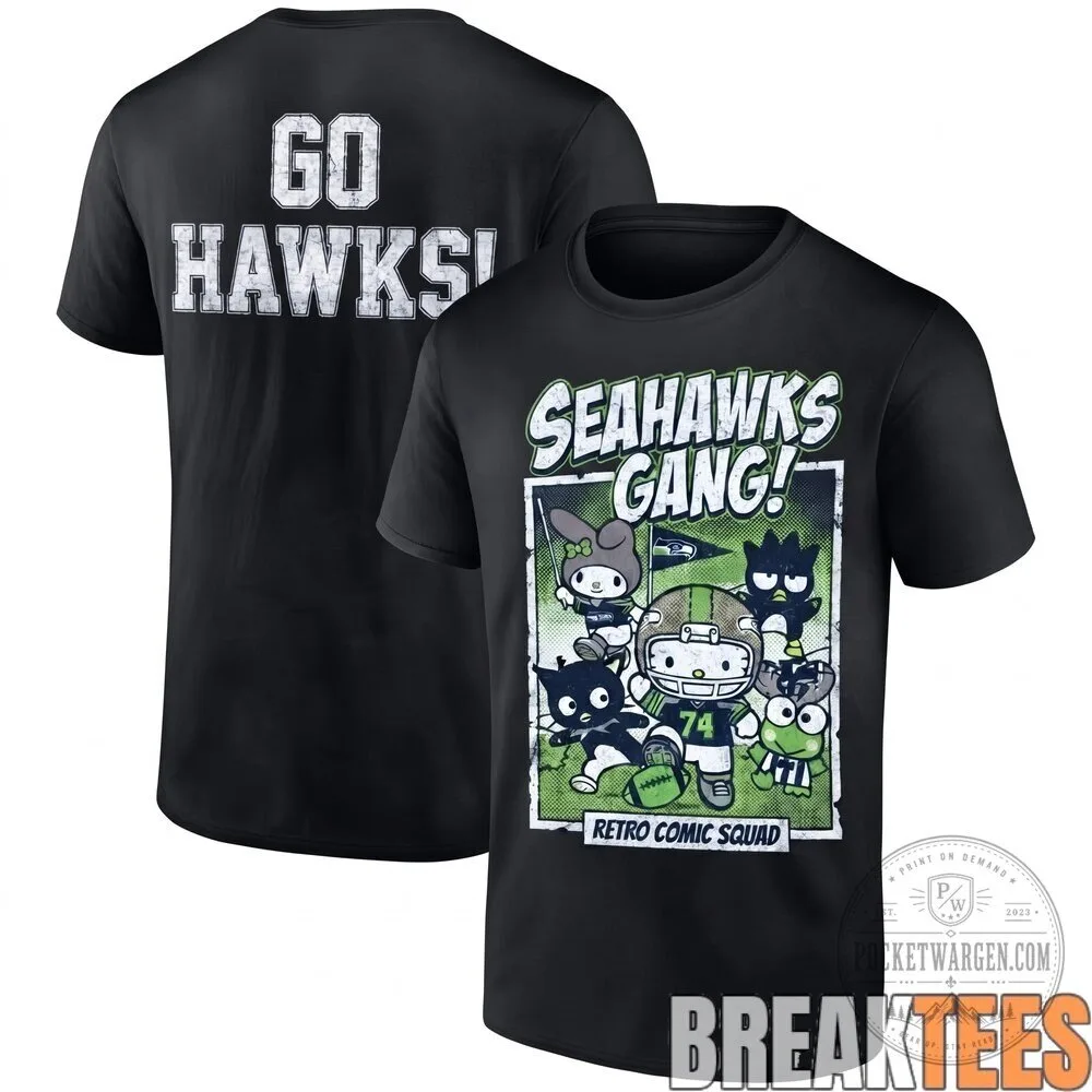 Retro Comic Squad T-Shirt featuring Seattle Seahawks and Hello Kitty Football Team 1 Retro Comic Squad T-Shirt featuring Seattle Seahawks and Hello Kitty Football Team