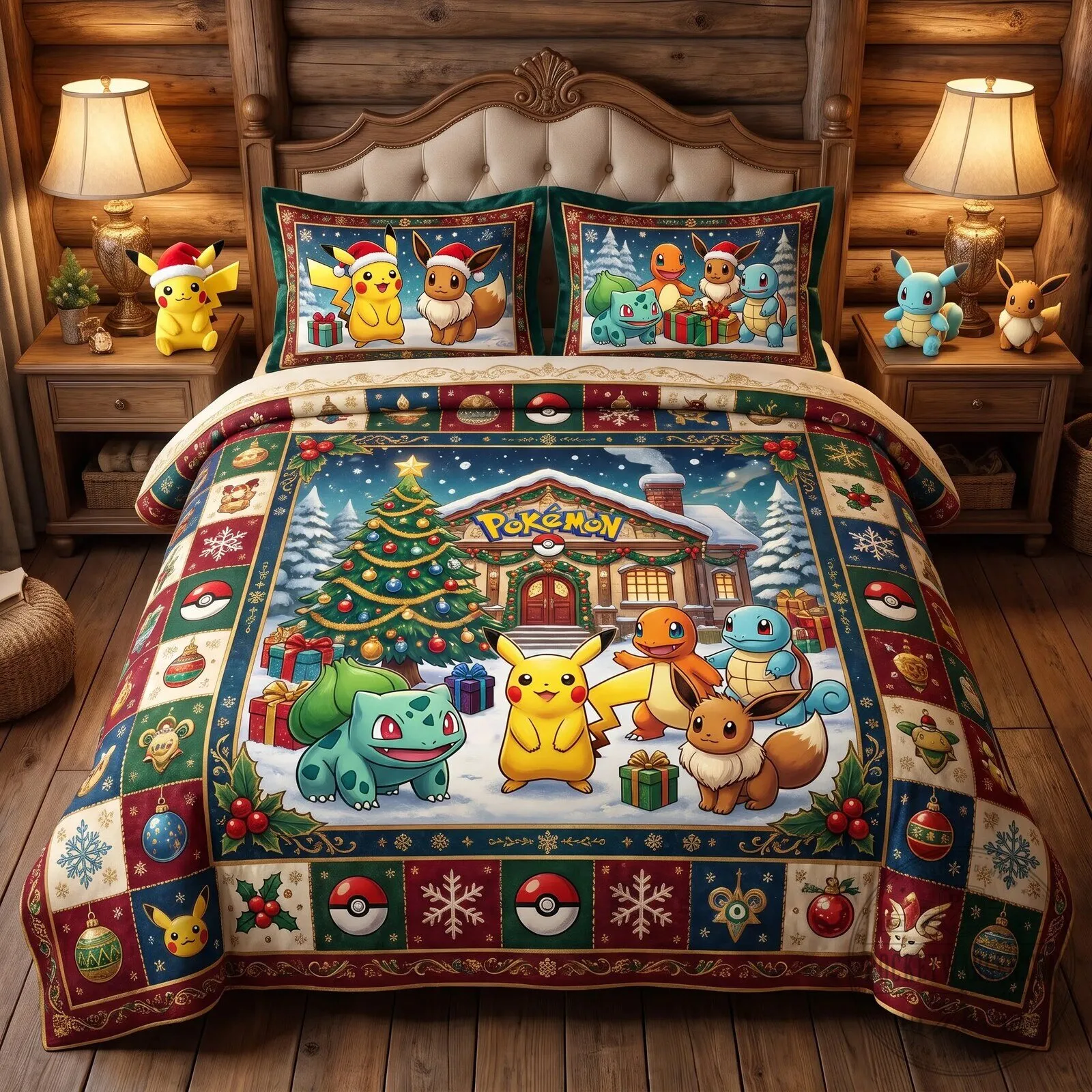 Pokemon Christmas Holiday Pikachu and Friends Quilt Bedding Set