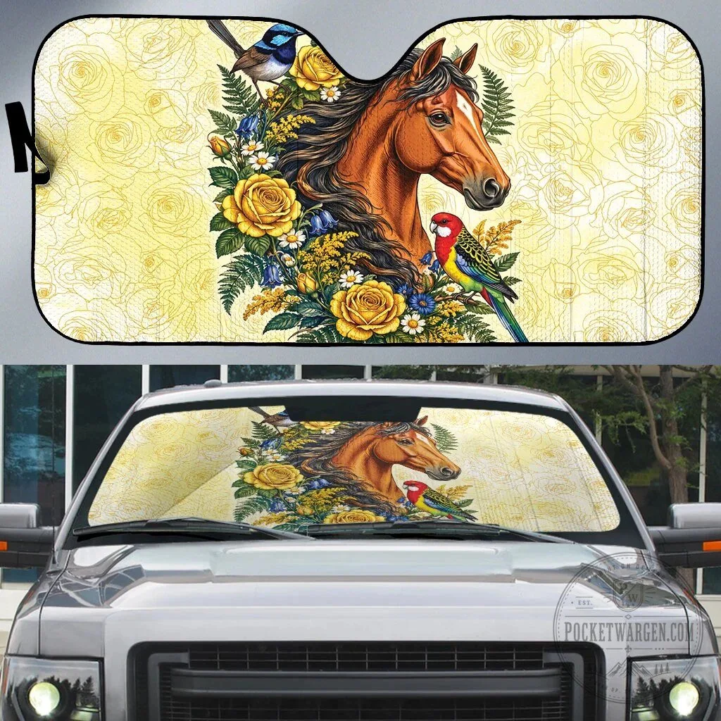 Horse and Yellow Rose Wreath Car Sunshade with Blue Wren and Rosella Parrot