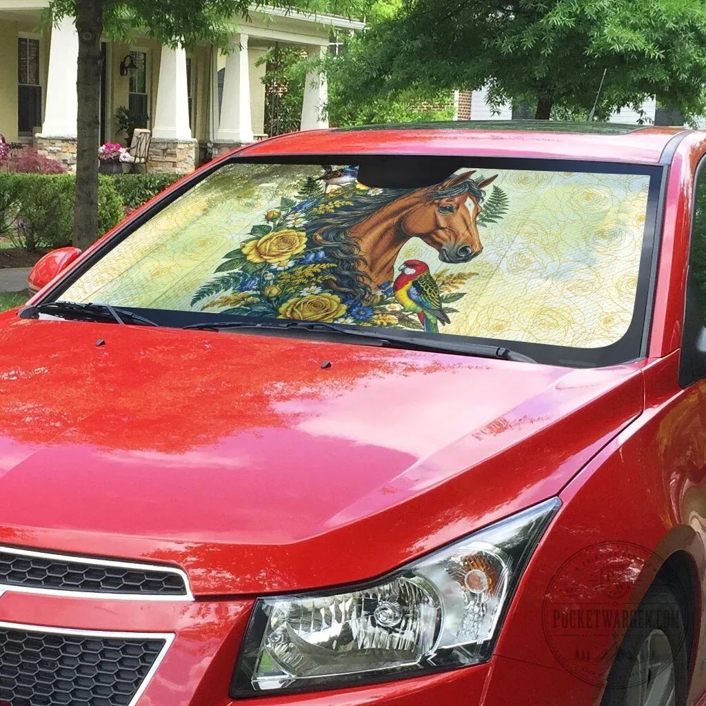 Horse and Yellow Rose Wreath Car Sunshade with Blue Wren and Rosella Parrot 8 Horse and Yellow Rose Wreath Car Sunshade with Blue Wren and Rosella Parrot