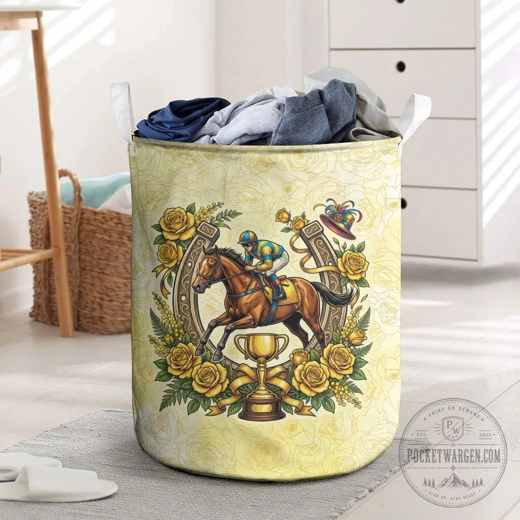 Horse Racing Jockey Yellow Rose Floral Horseshoe Laundry Basket