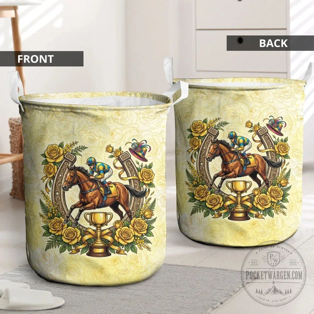 Horse Racing Jockey Yellow Rose Floral Horseshoe Laundry Basket 8 Horse Racing Jockey Yellow Rose Floral Horseshoe Laundry Basket