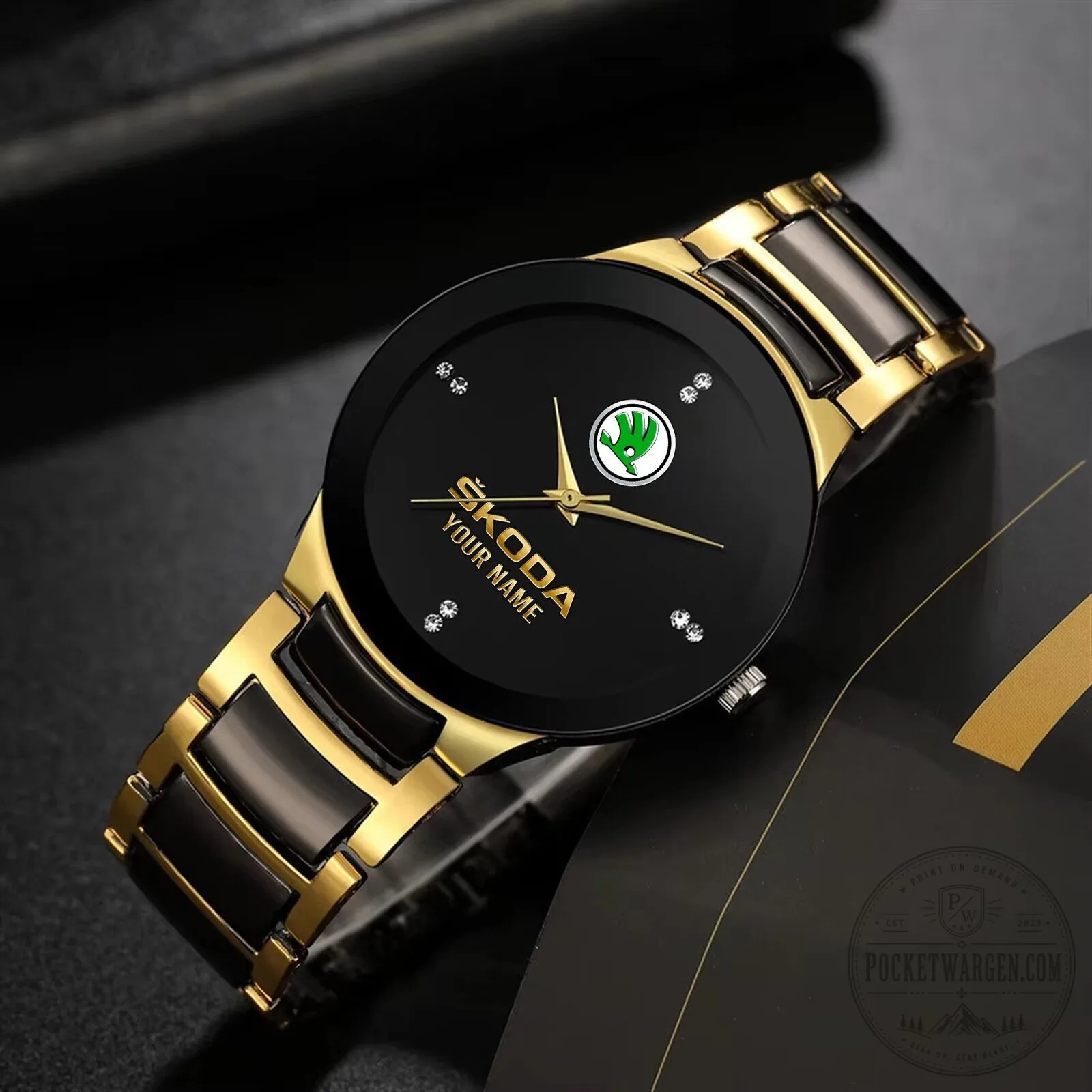 Skoda Custom Name Gold and Black Quartz Watch for Men