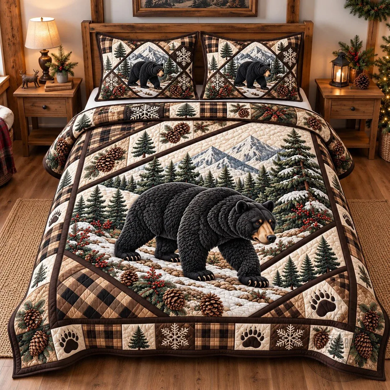 Forest Black Bear and Pinecone Patchwork Quilted Bedding Set