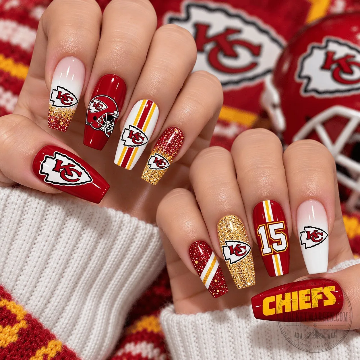 Kansas City Chiefs Football Team Glitter Ombre Press-On Nails Set