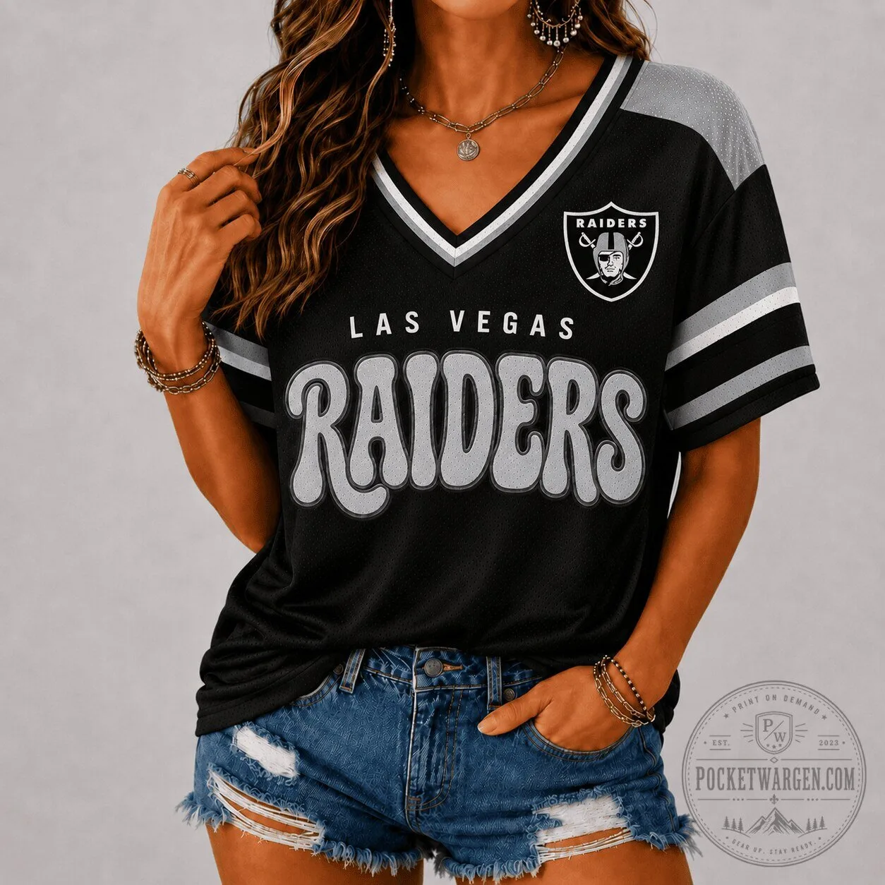 Las Vegas Raiders Vintage Groovy V-Neck Football Jersey for Women