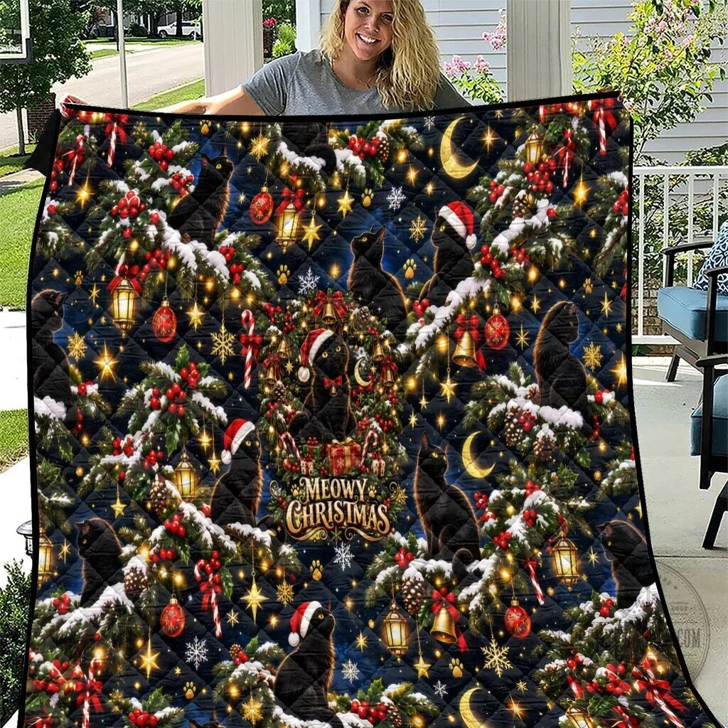 Black Cat Meowy Christmas Tree Snow Stars Holiday Pattern Art Quilt