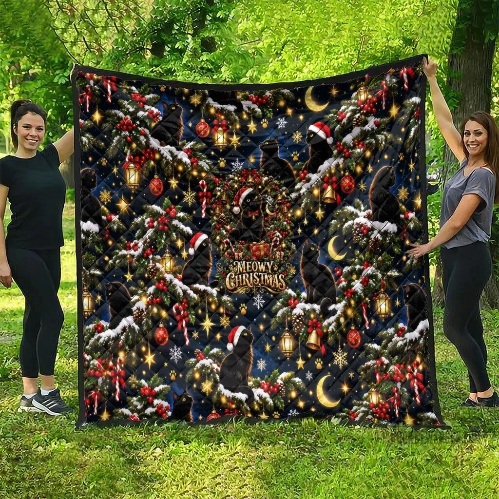Black Cat Meowy Christmas Tree Snow Stars Holiday Pattern Art Quilt 13 Black Cat Meowy Christmas Tree Snow Stars Holiday Pattern Art Quilt