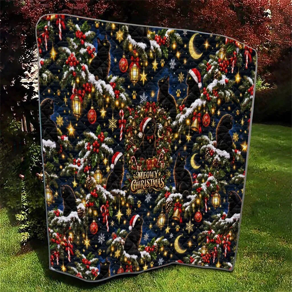 Black Cat Meowy Christmas Tree Snow Stars Holiday Pattern Art Quilt 14 Black Cat Meowy Christmas Tree Snow Stars Holiday Pattern Art Quilt