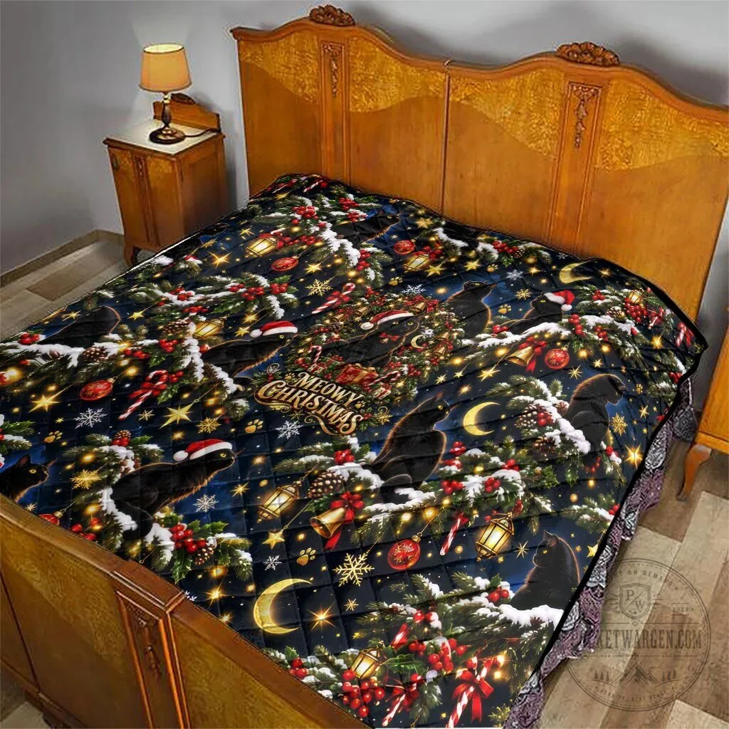Black Cat Meowy Christmas Tree Snow Stars Holiday Pattern Art Quilt 15 Black Cat Meowy Christmas Tree Snow Stars Holiday Pattern Art Quilt