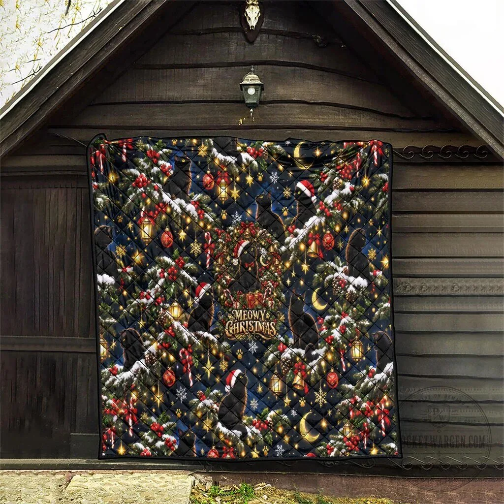 Black Cat Meowy Christmas Tree Snow Stars Holiday Pattern Art Quilt 16 Black Cat Meowy Christmas Tree Snow Stars Holiday Pattern Art Quilt
