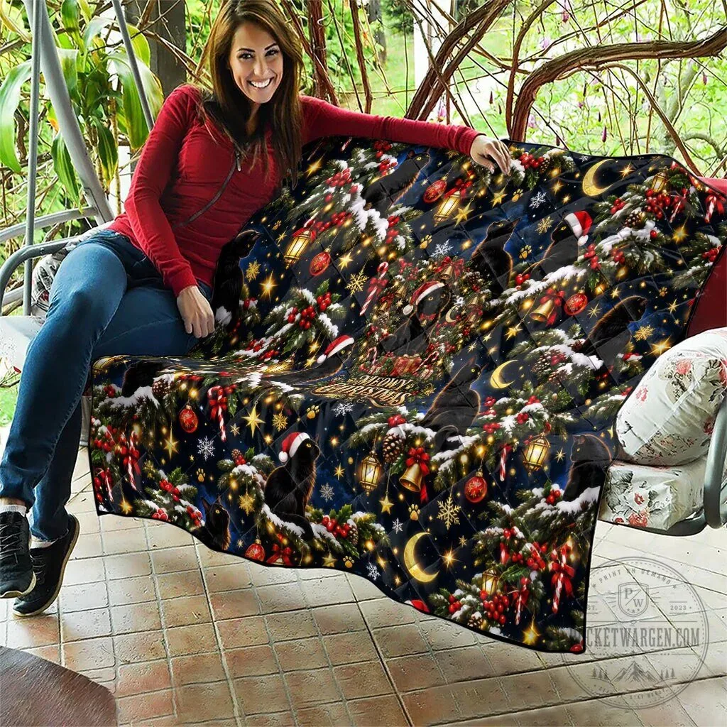 Black Cat Meowy Christmas Tree Snow Stars Holiday Pattern Art Quilt 17 Black Cat Meowy Christmas Tree Snow Stars Holiday Pattern Art Quilt