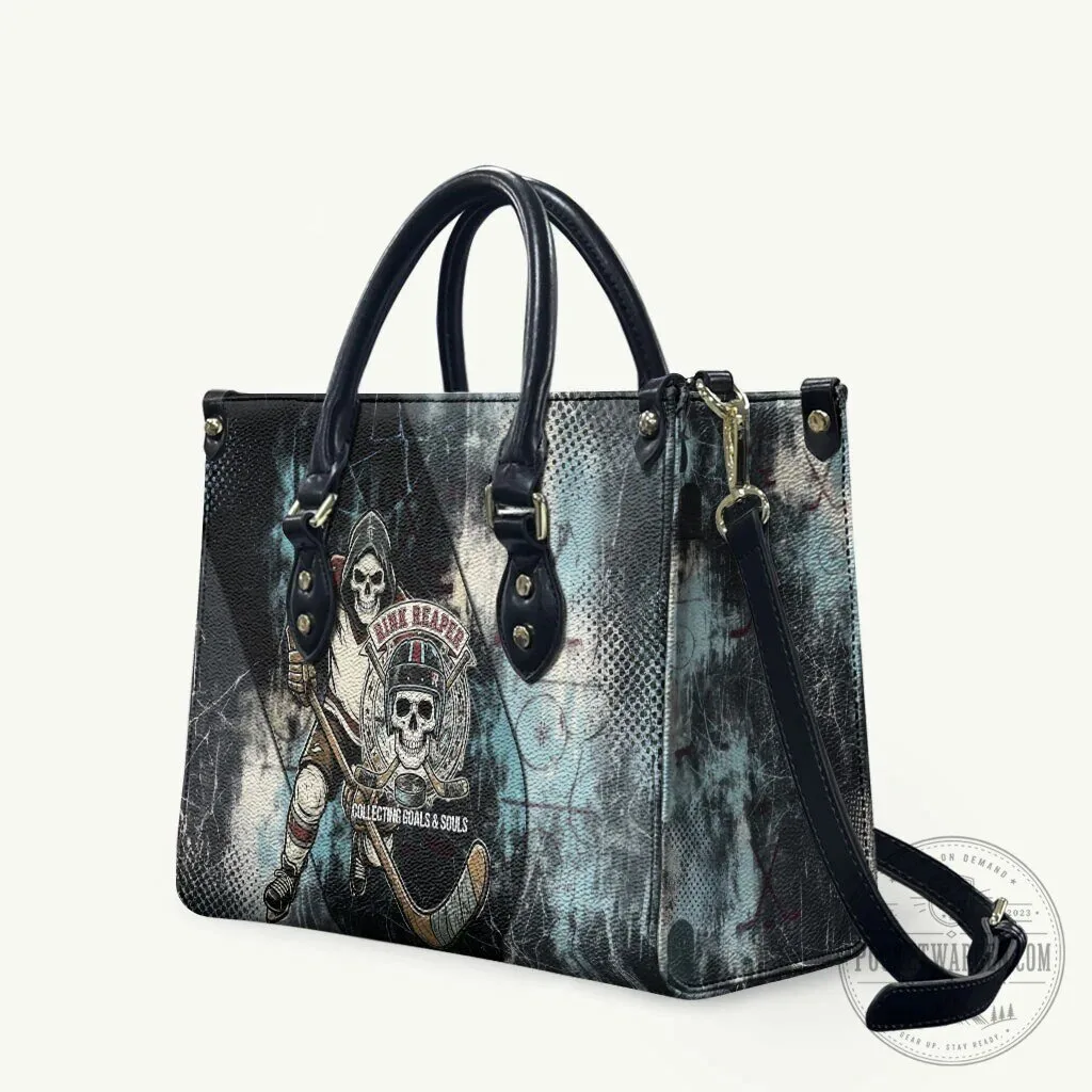 Ice Hockey Rink Reaper Skeleton Collecting Goals and Souls Leather Handbag 1 Ice Hockey Rink Reaper Skeleton Collecting Goals and Souls Leather Handbag