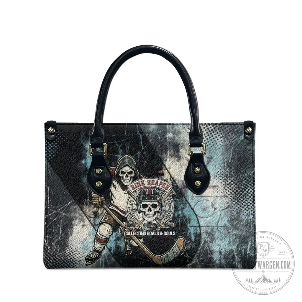 Ice Hockey Rink Reaper Skeleton Collecting Goals and Souls Leather Handbag 11 Ice Hockey Rink Reaper Skeleton Collecting Goals and Souls Leather Handbag