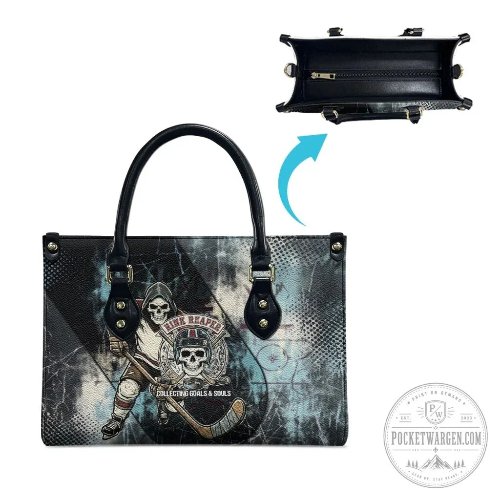 Ice Hockey Rink Reaper Skeleton Collecting Goals and Souls Leather Handbag 12 Ice Hockey Rink Reaper Skeleton Collecting Goals and Souls Leather Handbag