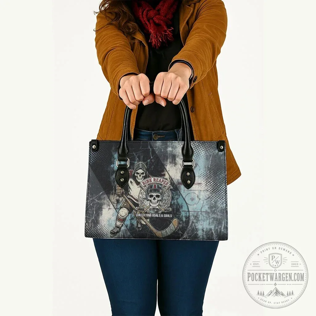 Ice Hockey Rink Reaper Skeleton Collecting Goals and Souls Leather Handbag 13 Ice Hockey Rink Reaper Skeleton Collecting Goals and Souls Leather Handbag