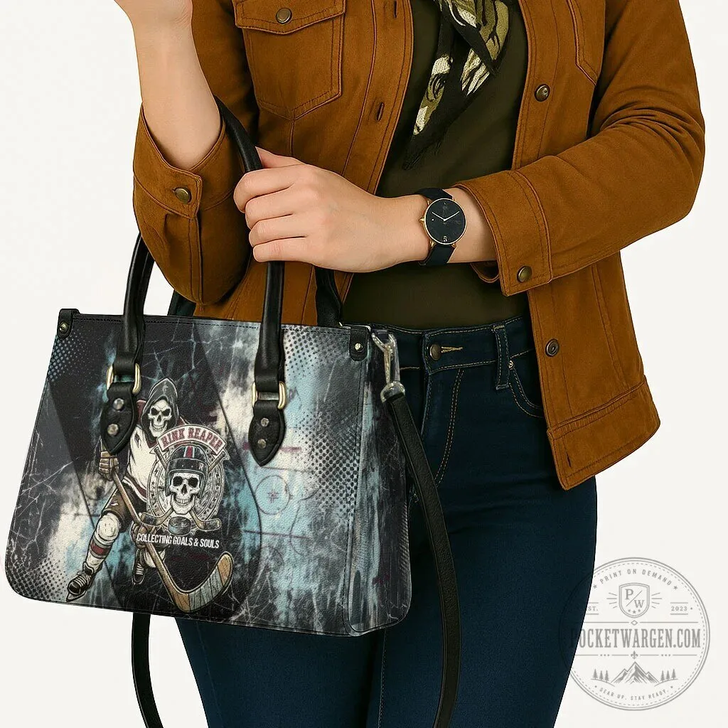 Ice Hockey Rink Reaper Skeleton Collecting Goals and Souls Leather Handbag 14 Ice Hockey Rink Reaper Skeleton Collecting Goals and Souls Leather Handbag