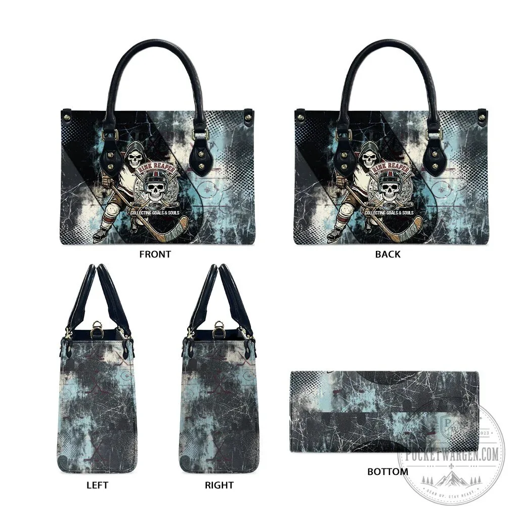 Ice Hockey Rink Reaper Skeleton Collecting Goals and Souls Leather Handbag 15 Ice Hockey Rink Reaper Skeleton Collecting Goals and Souls Leather Handbag