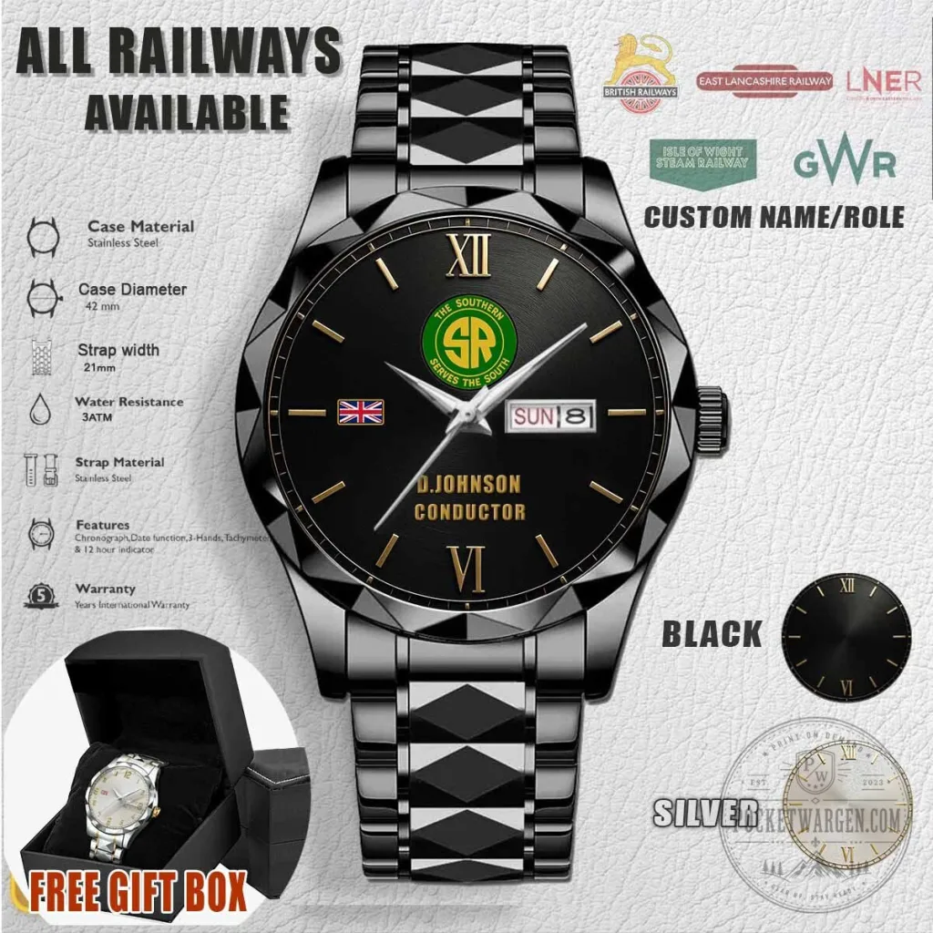 Southern Railway Stainless Steel Watch with Custom Name and Role Engraving Southern Railway Stainless Steel Watch with Custom Name and Role Engraving
