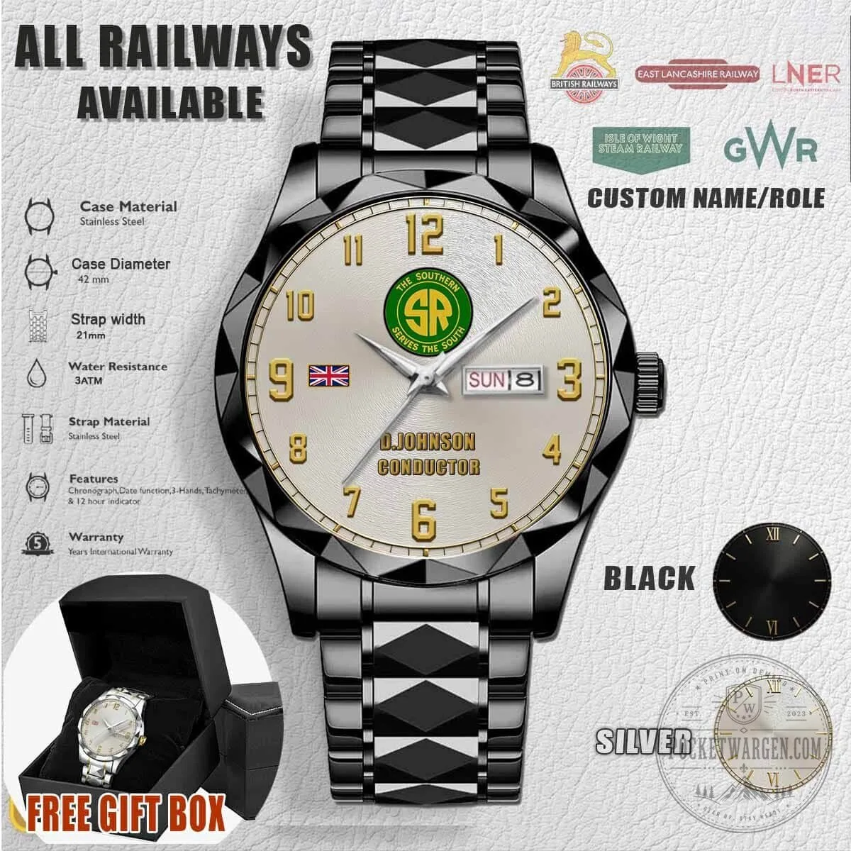 Southern Railway Stainless Steel Watch with Custom Name and Role Engraving 6 Southern Railway Stainless Steel Watch with Custom Name and Role Engraving