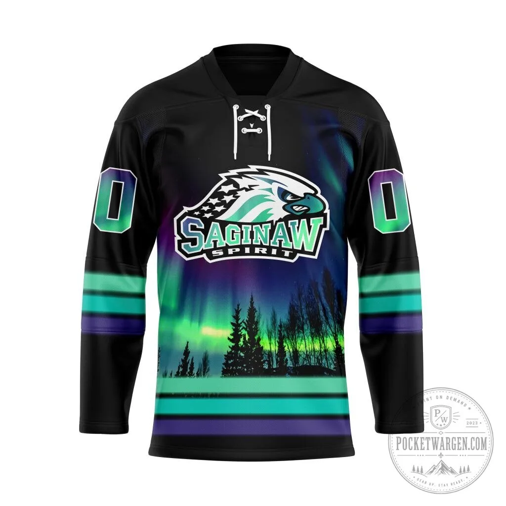Saginaw Spirit Hockey Jersey with Northern Lights and Forest Design