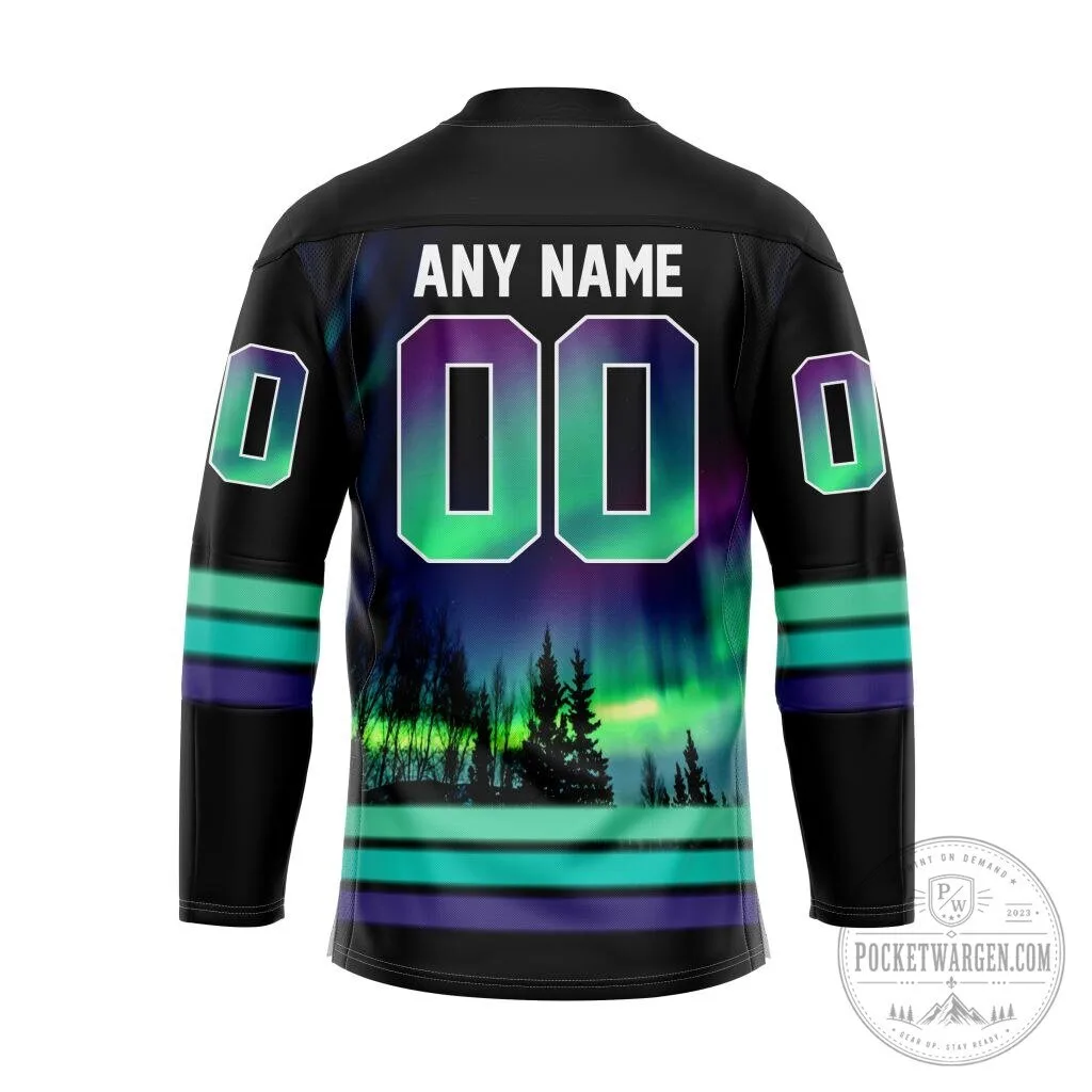 Saginaw Spirit Hockey Jersey with Northern Lights and Forest Design 7 Saginaw Spirit Hockey Jersey with Northern Lights and Forest Design