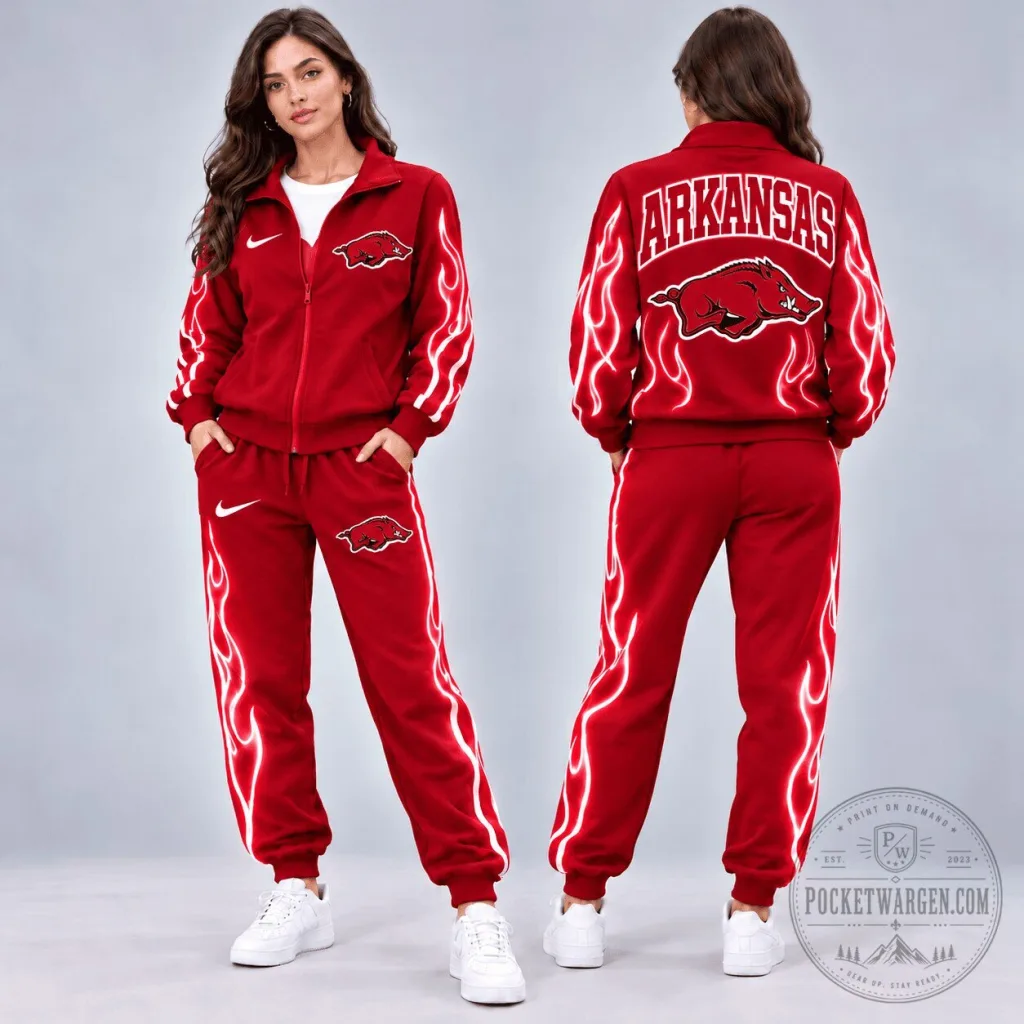 Arkansas Razorbacks Red Flames Full Zip Tracksuit Set with Joggers Arkansas Razorbacks Red Flames Full Zip Tracksuit Set with Joggers