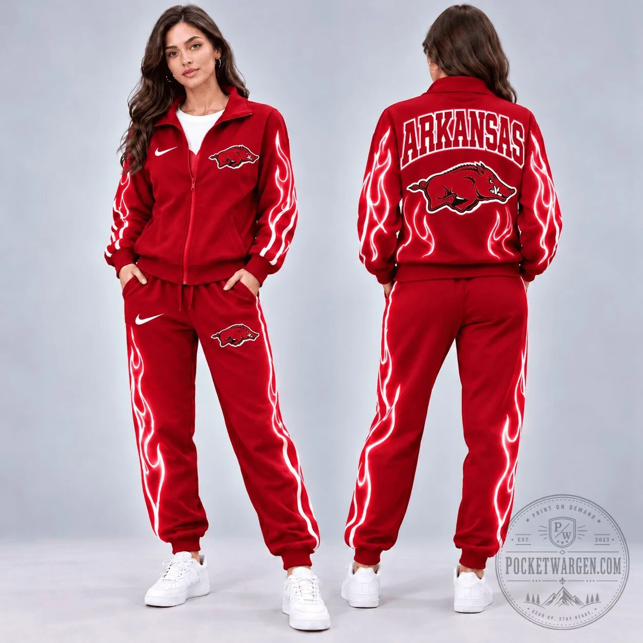 Arkansas Razorbacks Red Flames Full Zip Tracksuit Set with Joggers
