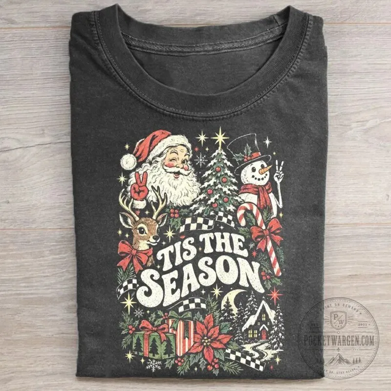 Tis The Season Retro Christmas Santa Claus Reindeer Snowman Holiday T-Shirt 1 Tis The Season Retro Christmas Santa Claus Reindeer Snowman Holiday T-Shirt