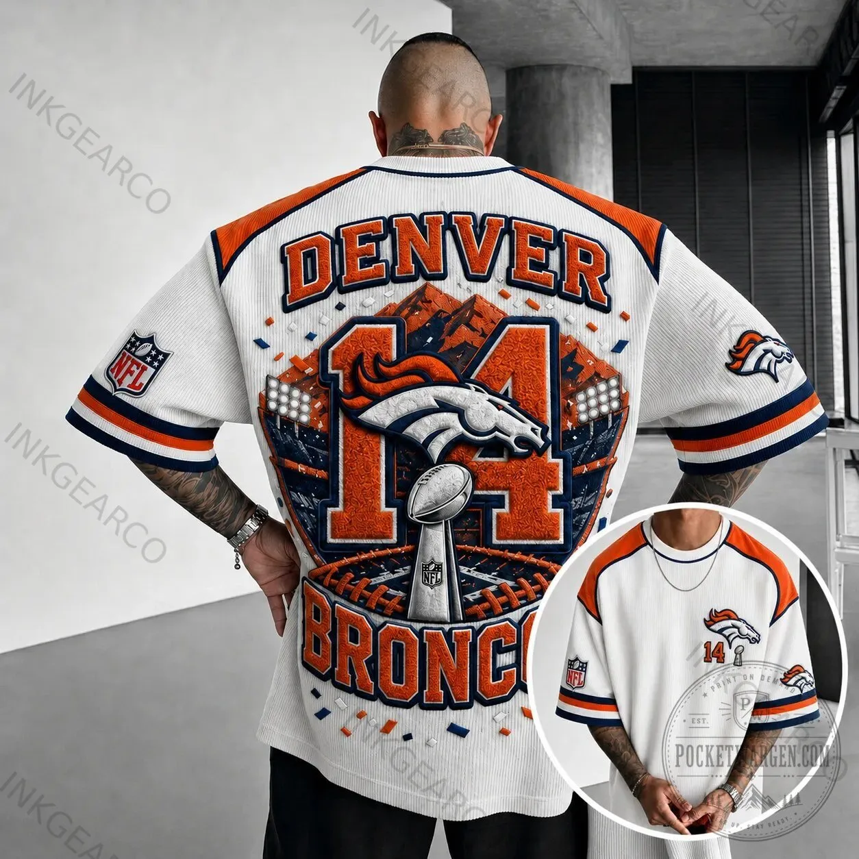 Denver Broncos NFL Football Team White Striped Short Sleeve Jersey 3 Denver Broncos NFL Football Team White Striped Short Sleeve Jersey