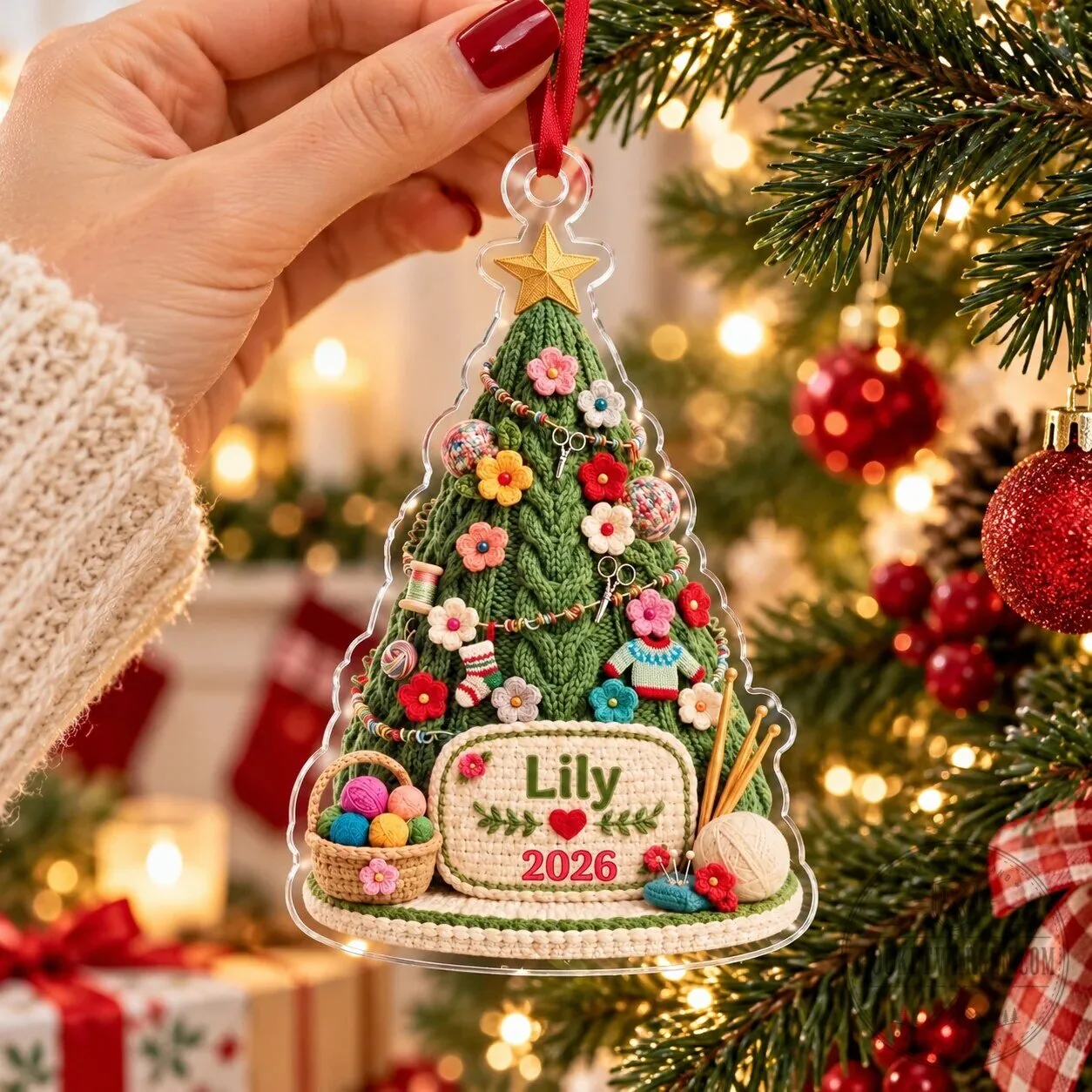 Personalized Crochet Christmas Tree Ornament, Custom Name Yarn Lover Gift