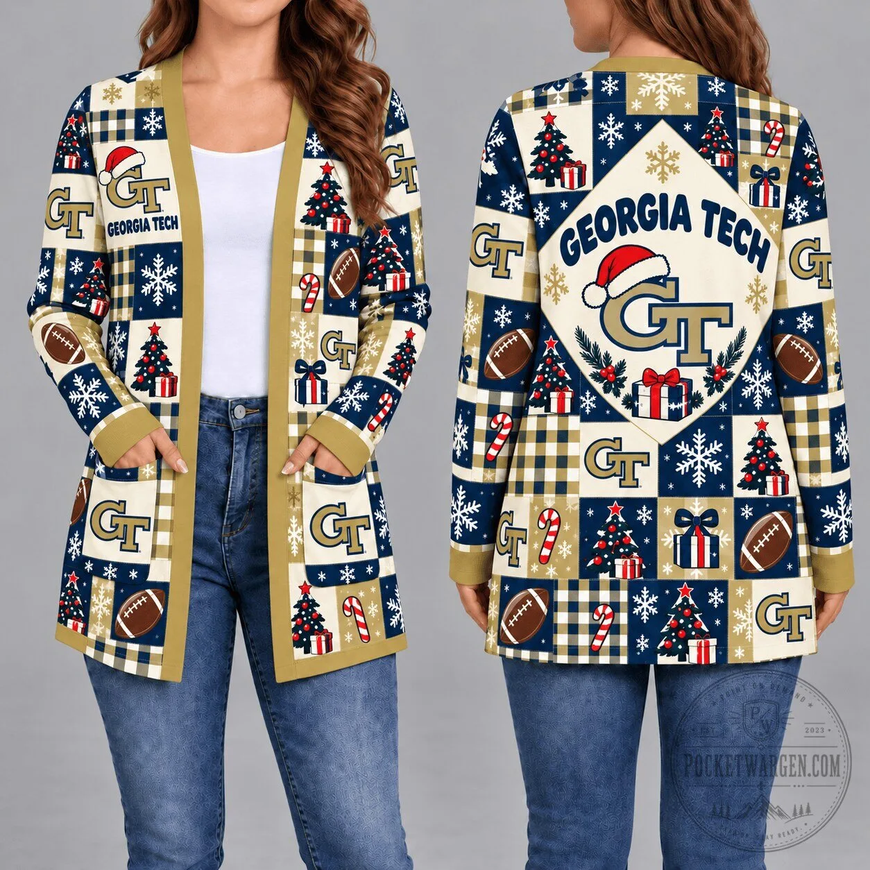 Georgia Tech Yellow Jackets Christmas Pattern Women's Long Sleeve Cardigan 1 Georgia Tech Yellow Jackets Christmas Pattern Women's Long Sleeve Cardigan