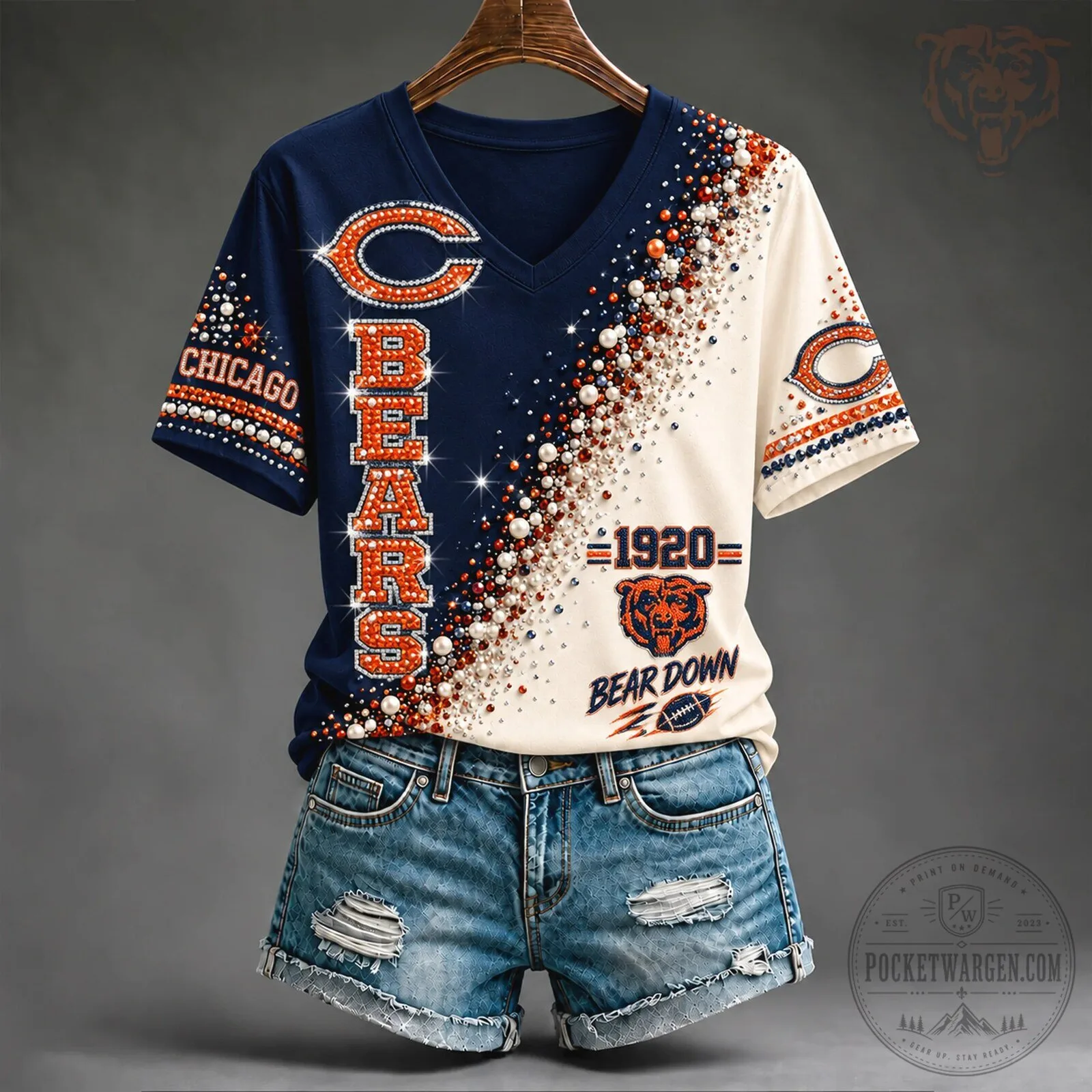 Chicago Bears Football Team Rhinestone Embellished V-Neck T-Shirt 5 Chicago Bears Football Team Rhinestone Embellished V-Neck T-Shirt