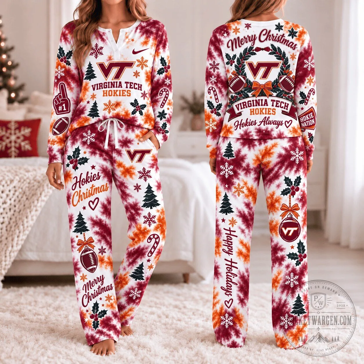 Virginia Tech Hokies Christmas Tie-Dye Pajamas Set 3 Virginia Tech Hokies Christmas Tie-Dye Pajamas Set